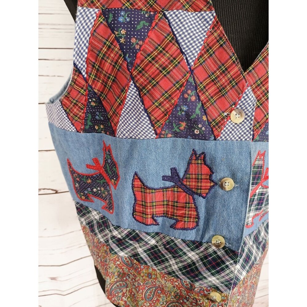 1990s Casey & Max Patchwork Denim Schnauzer Plaid… - image 3